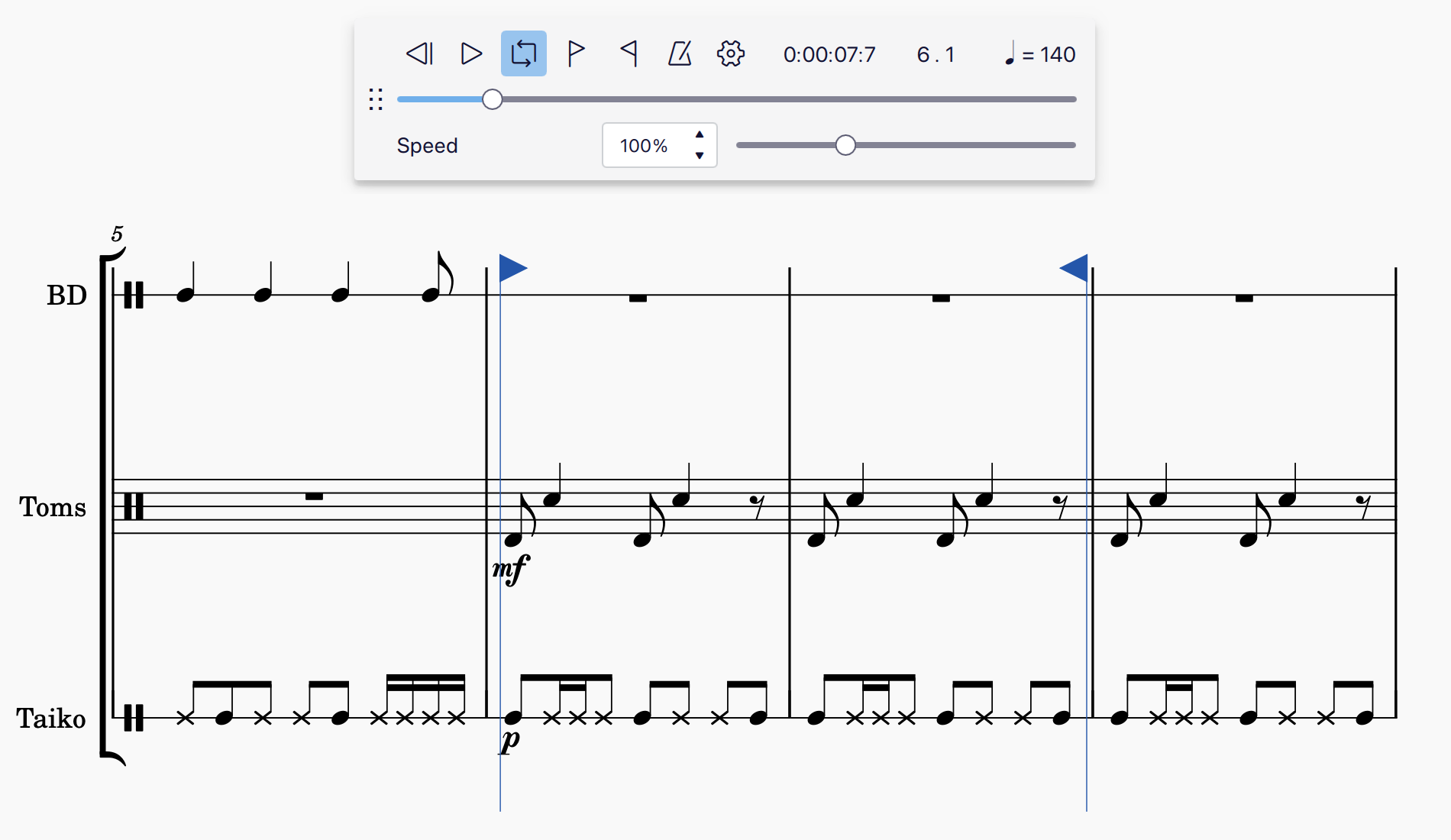 Picture showing loop markers on an example score.