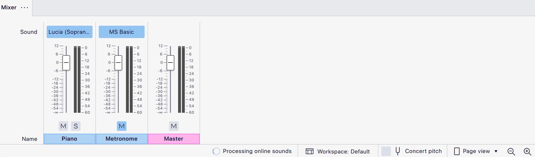 Animated image of the mixer and status bar showing online sounds processing indicator.
